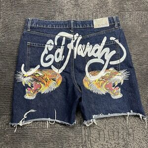 Ed Hardy Denim Shorts Men's 36 Tiger Graphic Back Cut Off Raw Hem Y2K Streetwear